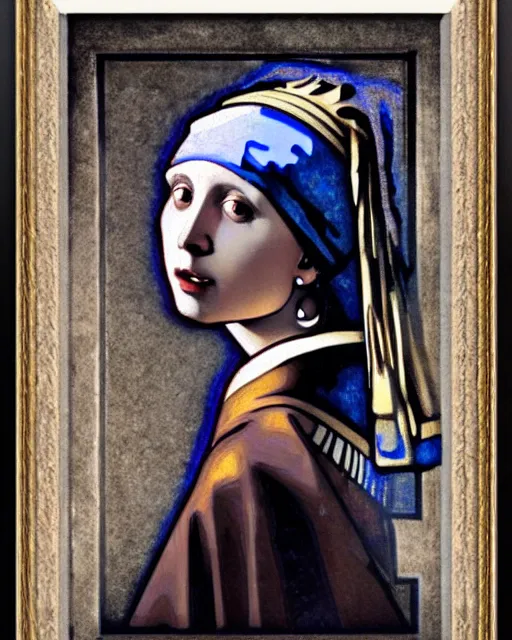 Prompt: A Girl with a pearl earring by Alphonse Mucha, detailed,Art Nouveau, Neo-Gothic, gothic, rich deep moody colors background.