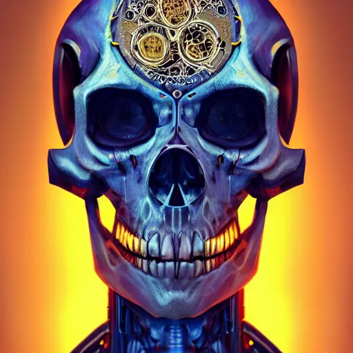 Image similar to hyperdetailed robotic skeleton head with blue human eyes, human eyes, symetry, golden ratio, iconography, intricate, detailed, volumetric lighting, scenery, digital painting, highly detailed, artstation, sharp focus, illustration, artstation, detailed vectorart