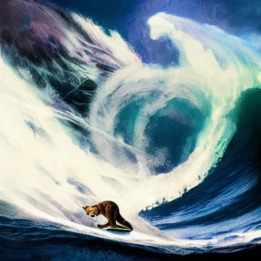 Image similar to A mixed media painting of cat surfing big waves, by Frank Frazetta, Greg Rutkowski, Beeple, kawaii, post-processing, low angle, masterpiece, cinematic, isometric, volumetric lighting