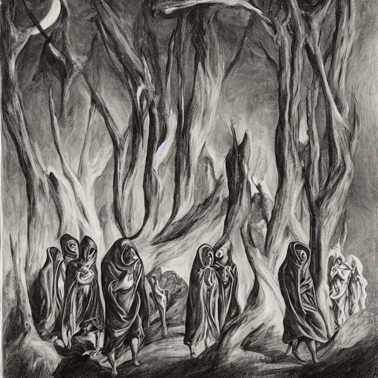 Prompt: A Holy Week procession of grim reapers in a lush Spanish landscape at night. A hooded figure at the front holds a cross. El Greco, Remedios Varo, Carl Gustav Carus, Edward Hopper.