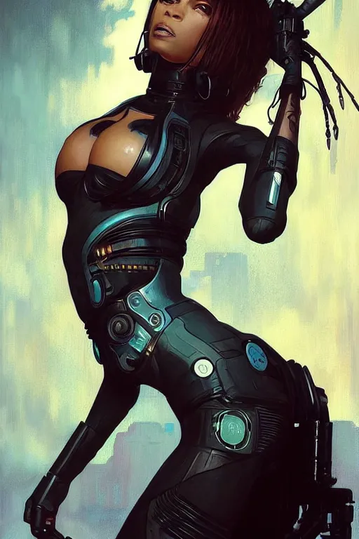 Image similar to cyberpunk beyonce as aeon flux profile picture by Greg Rutkowski, dynamic pose, intricate, futuristic, fantasy, elegant, by Stanley Artgerm Lau, greg rutkowski, thomas kindkade, alphonse mucha, loish, norman Rockwell,