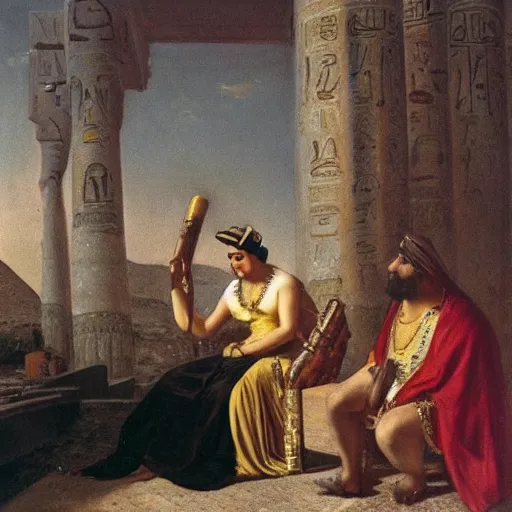 Image similar to an oil pianting of cleopatra hanging out with a man in egypt with fireworks