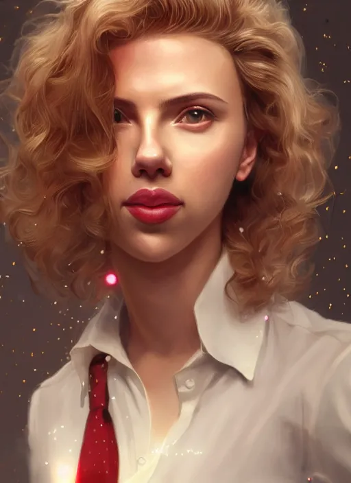 Image similar to portrait of teenage scarlett johansson, long haircut, flowing blonde curly hair, white shirt, red tie, smiling kindly, forest at background, 1 9 8 0 s, intricate, elegant, glowing lights, highly detailed, digital painting, artstation, concept art, smooth, sharp focus, illustration, art by wlop, mars ravelo and greg rutkowski