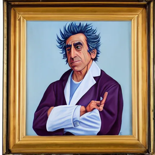 Image similar to A portrait of Rick Sanchez wearing a lab coat, oil painting