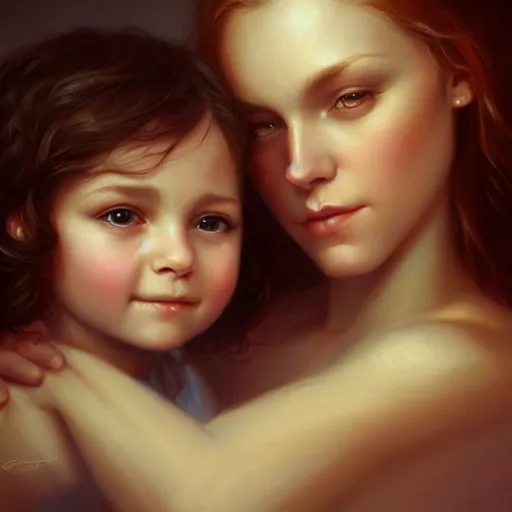 Image similar to love is patient love is kind, mother and child ; photorealistic oil painting by charlie bowater and mark blooms ; highly detailed cute faces by wlop ; trending on artstation