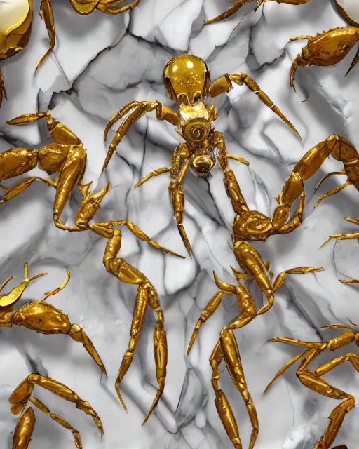 Image similar to white calacatta gold marble, white and gold kintsugi, feminine shapes, crab shapes, spider shapes, scorpion shapes, tarantula shapes, stunning, highly detailed, intricately detailed, octane, 8 k, trending on artstation