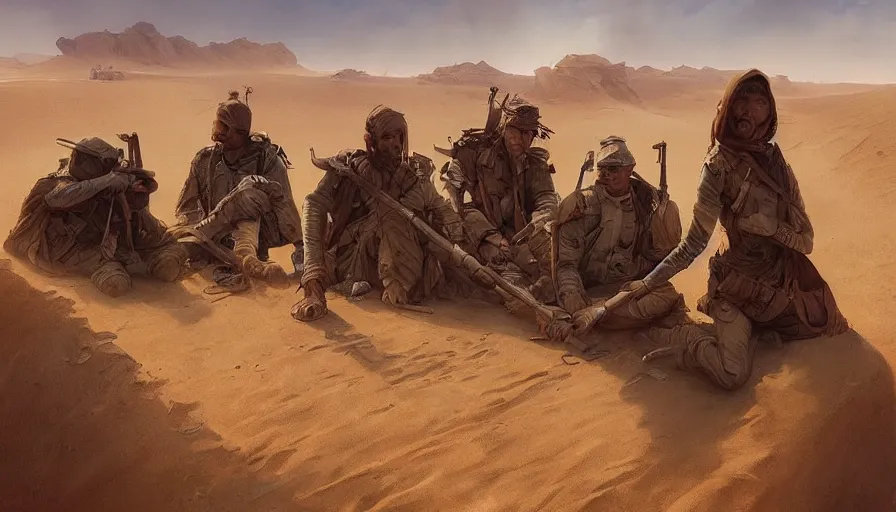 Image similar to beautiful digital painting of a group of barley surviving soldiers in a trench waiting for the war to end, in the sahara desert. cinematic lighting, atmospheric, concept art by artgerm and greg rutkowski,,