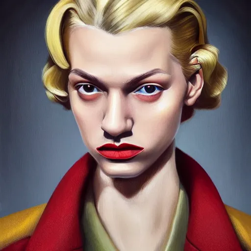 Image similar to A Hearts of Iron IV portrait of a blond young Spanish fashion designer with high cheekbones. Good bone structure. Dressed in 1940s style. Highly detailed, fine Art, high detail, great lighting, 8k resolution, masterpiece, concept art, illustration, clear eyes, painting oil on canvas, octane render, HDR, trending on artstation, 4k, 8k, HD