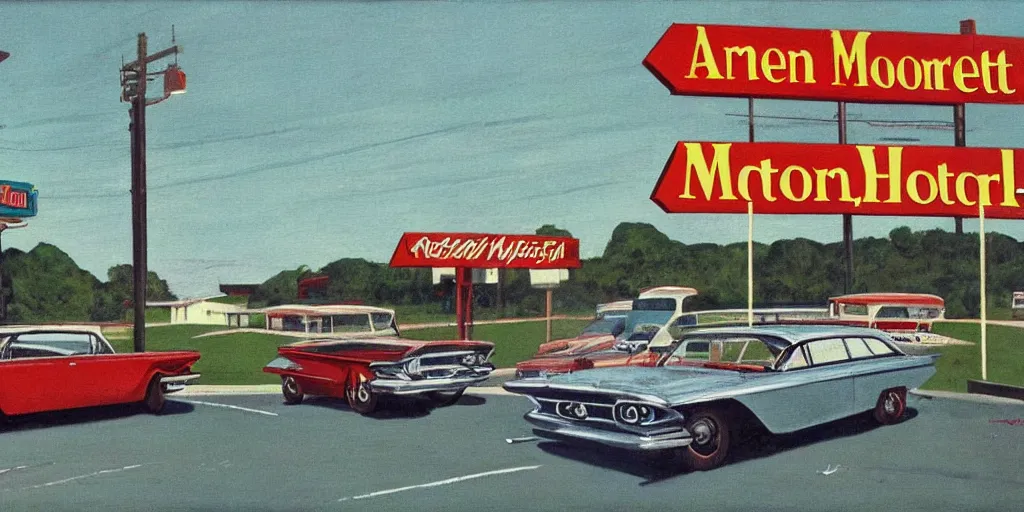 Image similar to 1 9 6 0 s americana painting of a motel and motel sign with cars parked outside by norman rockwell