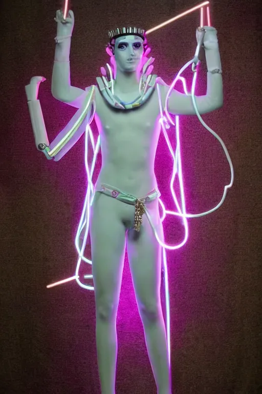 Image similar to full-body neon porcelain egyptian bladerunner greek style sculpture of a young handsome Russian royal as a high-fashion half-robot with a porcelain body with an opening exposing a battery leaking radioactive liquid, electric sparks, glowing violet laser beam eyes, crown of giant rubies, flowing pink and orange neon-colored silk, luminescent fabrics, mechanical raptors. baroque and steampunk elements. full-length view. baroque element. intricate artwork by caravaggio. Very very very very highly detailed epic photo of face. Trending on artstation, octane render, cinematic lighting from the right, hyper realism, octane render, 8k, depth of field, 3D