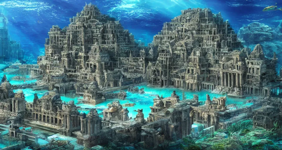 Prompt: a magnificent underwater photo of the lost city of Atlantis, landscape, fully built buildings, hyper detailed, 4K