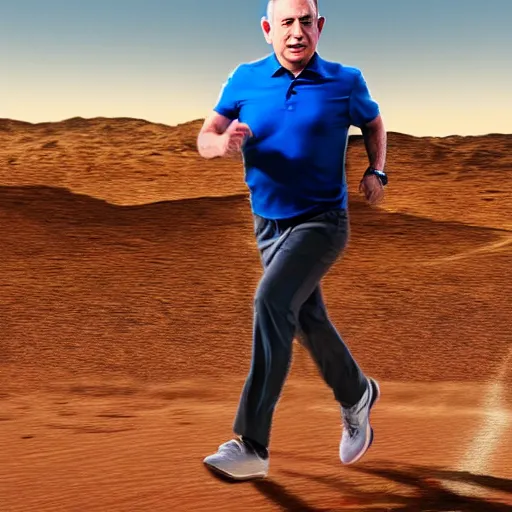 Image similar to benjamin netanyahu running in the middle of the desert, highly realistic, golden lighting, 8 k, cinematic, detailed