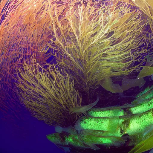 Prompt: beautiful underwater photography of cod in kelp forest, 4k,