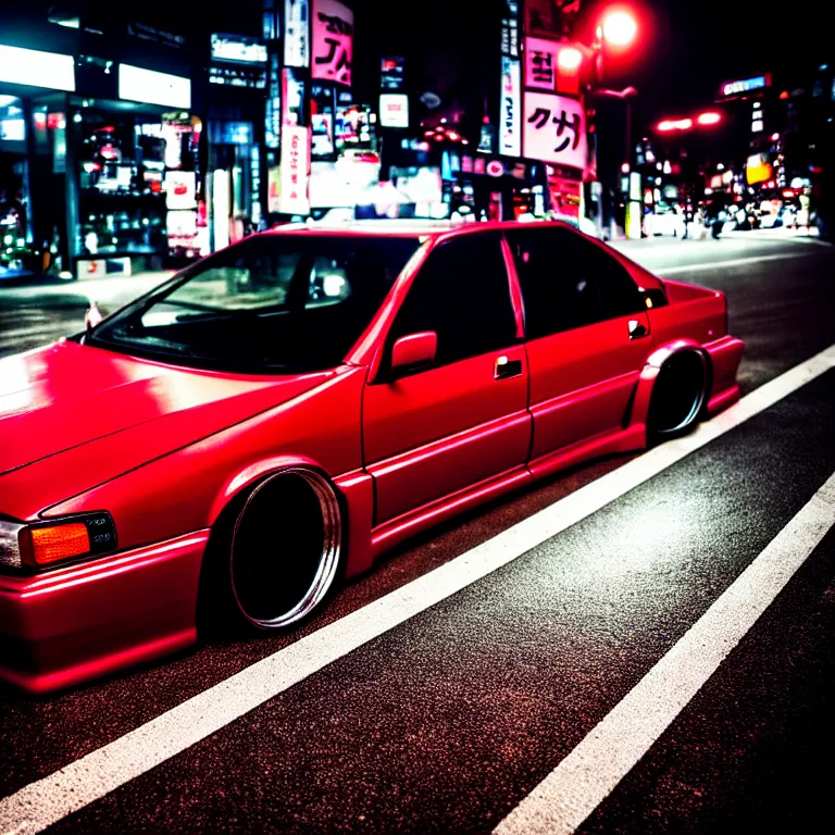 Image similar to close-up-photo Nissan Cefiro turbo illegal roadside meet photos, work-wheels, Shibuya Shibuya, cinematic colors, photorealistic, highly detailed, night photography