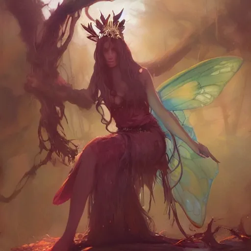 Image similar to Queen of the fae. Fairy people. A fairy Queen. Mandy Jurgens. Phil Hale. Jordan Grimmer. ArtStation.