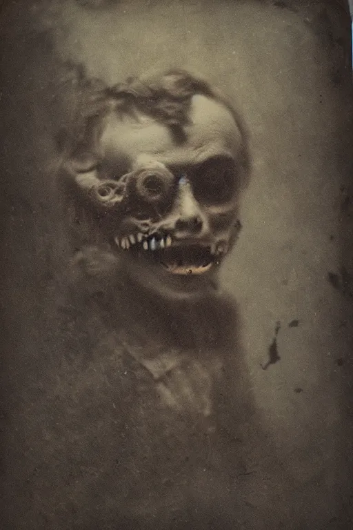 Image similar to portrait of demon with fangs, old vintage photography, daguerreotype, damaged photo, film artifacts, scratches, tears, hyperrealistic, ultra detailed, 4 k