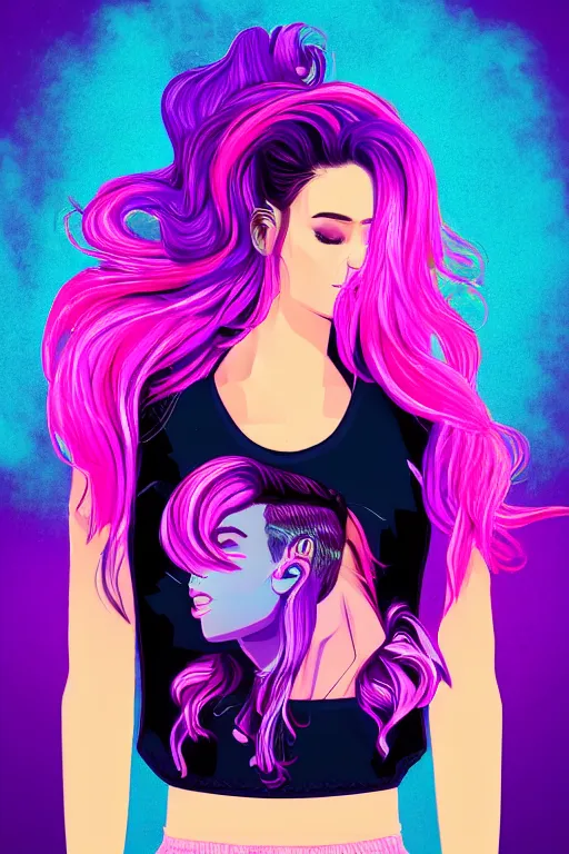 Image similar to a award winning half body porttrait of a beautiful woman in a croptop and cargo pants with ombre purple pink teal hairstyle with head in motion and hair flying, outrun, vaporware, shaded flat illustration, digital art, trending on artstation, highly detailed, fine detail, intricate