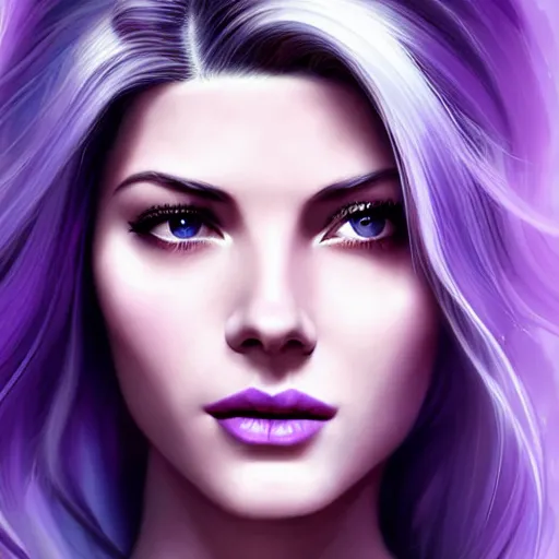 Prompt: A combination of Grace Kelly's and Katheryn Winnick's and Ashley Greene's faces with blue skin and short violet hair as Cortana from Halo, cyberpunk style, synthwave aesthetic, fantasy, intricate, elegant, highly detailed, digital painting, artstation, concept art, matte, sharp focus, illustration, half body portrait, anime style, art by Artgerm and Greg Rutkowski and Alphonse Mucha