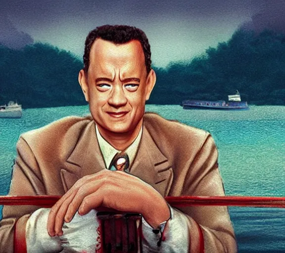 Image similar to Tom hanks as forrest gump sitting in a giant shrimp boat, majestic beautiful world, digital art, amazing detail, artstation, in the style of maurice sendak