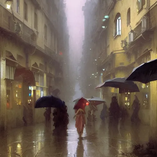 Image similar to a beautiful picture of a space opera street under rain by william - adolphe bouguereau and greg rutkowski, low angle shot, trending on artstation