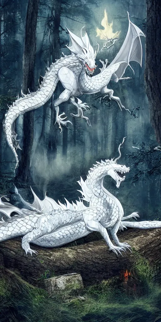 Image similar to A white dragon in the woods at nigth resting in front a camp fire, the dragon has blue eyes and is based on the european myths