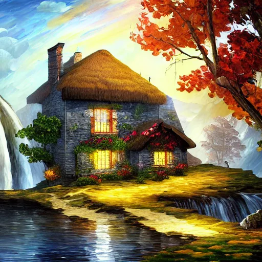 Image similar to cottage on waterfall cryengine render by android jones, james christensen, rob gonsalves, leonid afremov and tim white