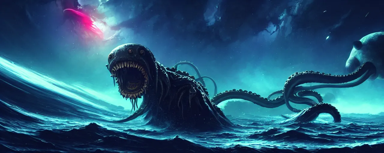 Prompt: A wide shot of a kraken with sharp fangs swimming in space eating a planet, stars and a nebula in the background art by Maciej Kuciara and Jason Chan, ominous, cosmic horror, trending on artstation, Ultra detailed, hyper realistic 4k