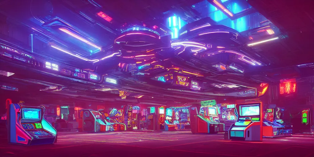 Prompt: 80s futuristic cyberpunk arcade:: by beeple and James Gilleard and Justin Gerard :: ornate, dynamic, particulate, intricate, elegant, highly detailed, centered, artstation, smooth, sharp focus, octane render, 3d