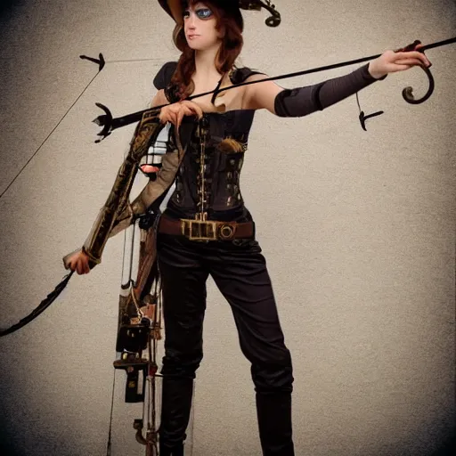 Prompt: full body photo of a skinny female steampunk archer