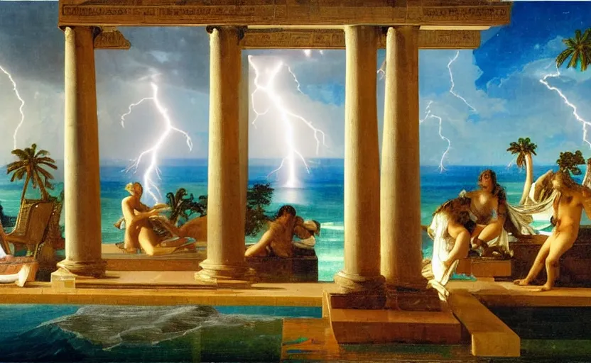 Image similar to mediterranean balustrade and columns, refracted lightnings on the ocean, thunderstorm, greek pool, beach and Tropical vegetation on the background major arcana sky and occult symbols, by paul delaroche, hyperrealistic 4k uhd, award-winning, very detailed paradise