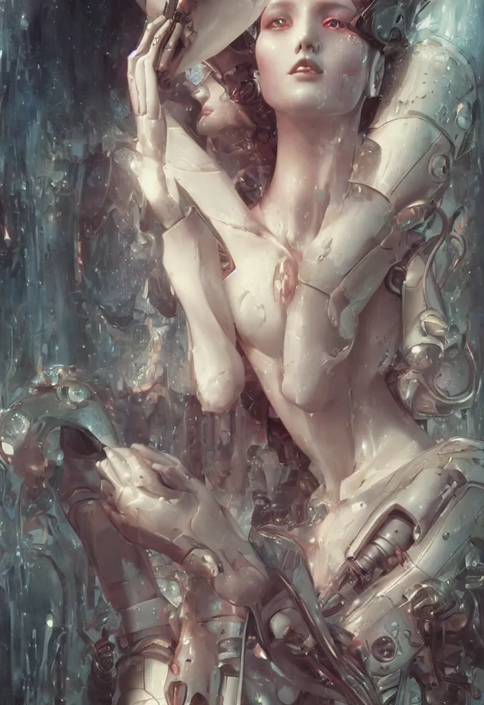 Image similar to portray of beautiful robot girl with porcelain wet glossy skin, look like a 3d model, alive statue, Ivan Bilibin, Ross Tran, Tom Bagshaw