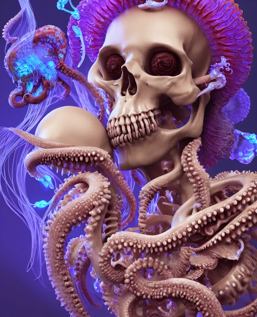 Image similar to goddess close - up portrait human skeleton, ram skull, octopus, jellyfish, orchid, betta fish, bioluminiscent, intricate artwork by tooth wu and wlop and beeple. octane render, trending on artstation, greg rutkowski very coherent symmetrical artwork. cinematic, hyper realism, high detail, octane render, 8 k