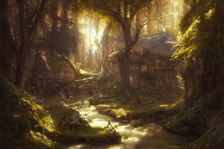 Image similar to a medieval village with a stream in a forested valley by jessica rossier and brian froud cinematic painting