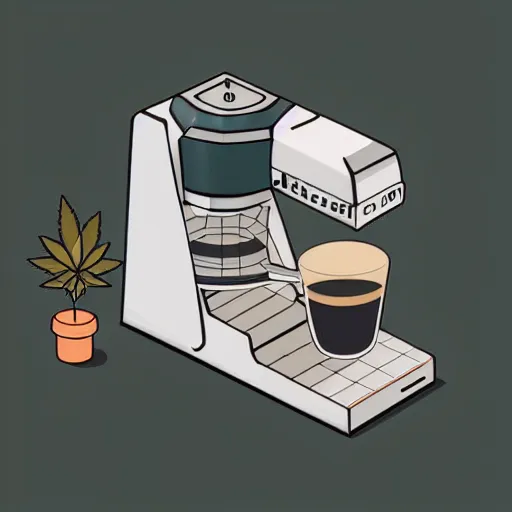 Image similar to isometric cartoon cannabis cafe interior shop axonometric espresso machine, aluminum sheen, few plants in pots, by benoit mandelbrot, cute minimal concept art illustrated by anni albers