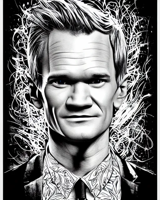 Prompt: neil patrick harris, black ink on paper, trending on artstation, beautiful, intricate, detailed