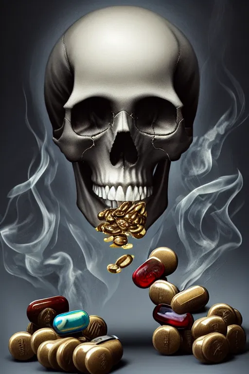 Image similar to stringejä and pile Off pills and a skull on the table, skull made out of smoke coming out of pills, fantasy, intricate, elegant, highly detailed, digital painting, artstation, concept art, smooth, sharp focus, illustration, art by Ilja Repin