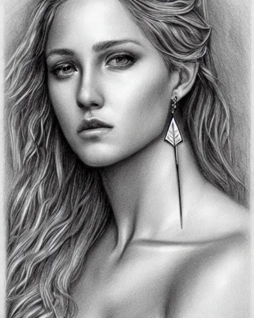 Image similar to pencil drawing of a beautiful greek goddess aphrodite with arrowhead earrings, beautiful piercing eyes, beautiful blonde hair, hyper realistic face, in the style of greg rutkowski, fantasy, amazing detail, epic, elegant, smooth, sharp focus, from the front