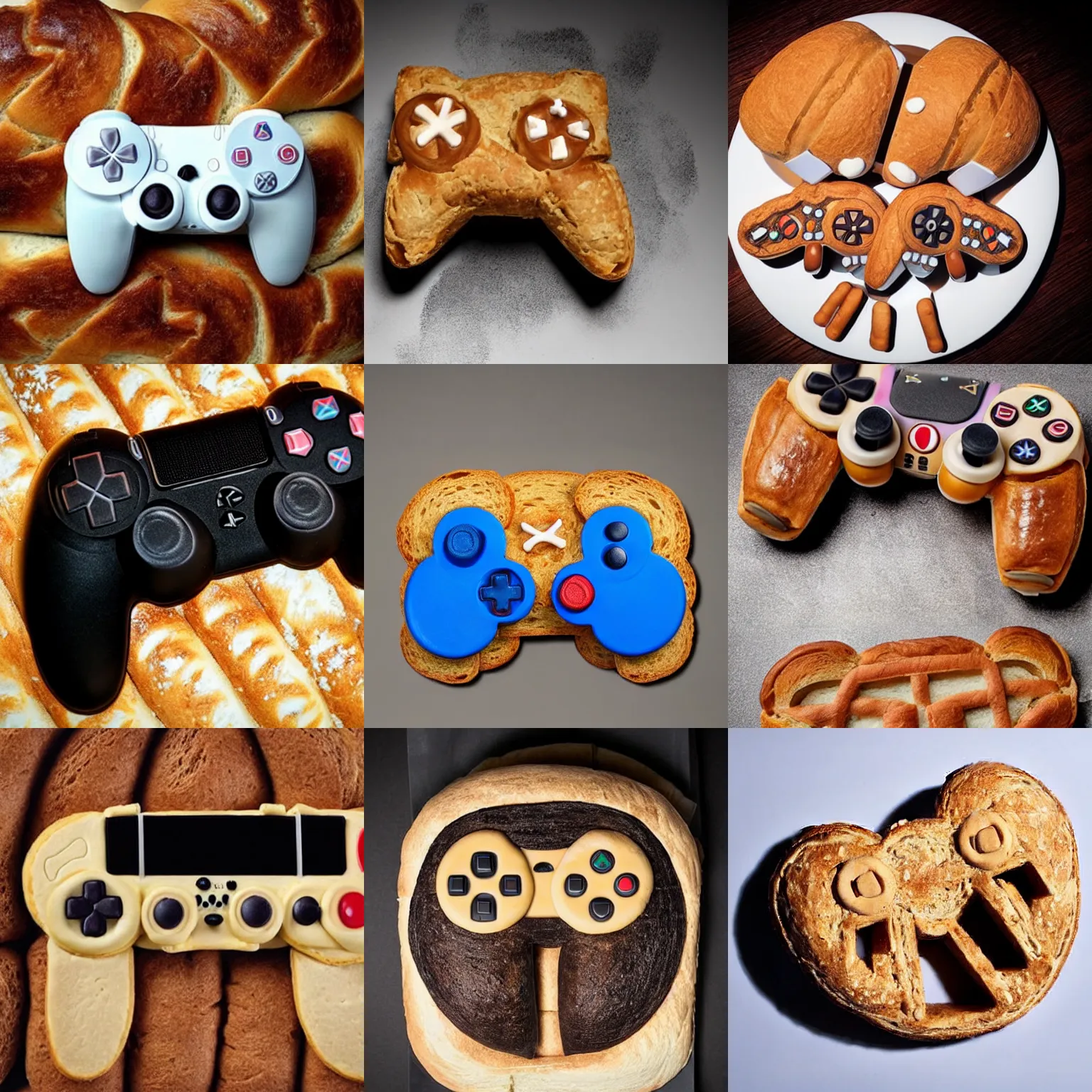 Prompt: an edible ( playstation ) controller!! made entirely out of bread!!!!!!, food photography, studio lighting, delicious