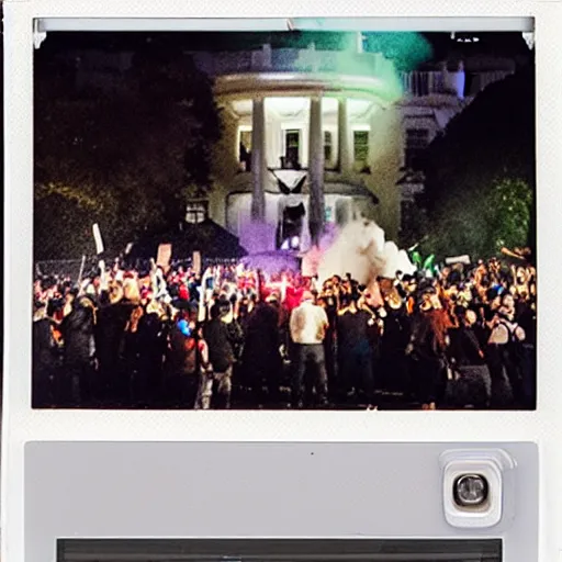 Image similar to 4 k hdr polaroid meteroid shower falling over the white house with an angry mob of protestors filling the streets at night time during a blackout with torch lit streets