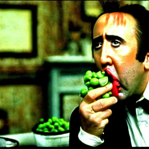 Image similar to nicolas cage drowning mouth full of peas, movie still, the wicker man