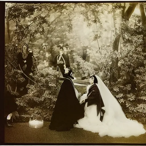 Image similar to A wide-angle, full-shot, colourful black-and-white Russian and Japanese historical fantasy photograph taken within the royal wedding venue in 1907 that was inspired by an enchanted ethereal forest was photographed by the event's official photographer.