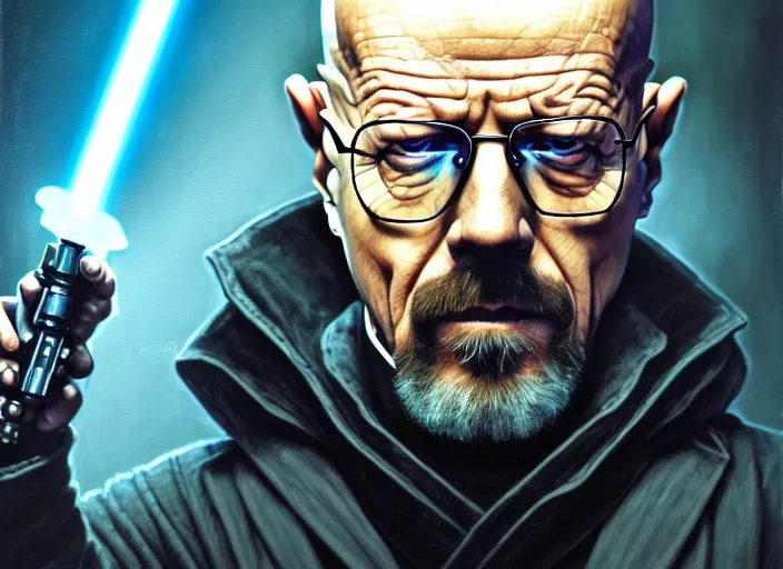 Prompt: wideangle!! portrait shot of heisenberg as a sith in star wars, intricate, elegant, highly detailed, centered, digital painting, artstation, concept art, smooth, sharp focus, illustration, artgerm, tomasz alen kopera, peter mohrbacher, donato giancola, joseph christian leyendecker, wlop, boris vallejo