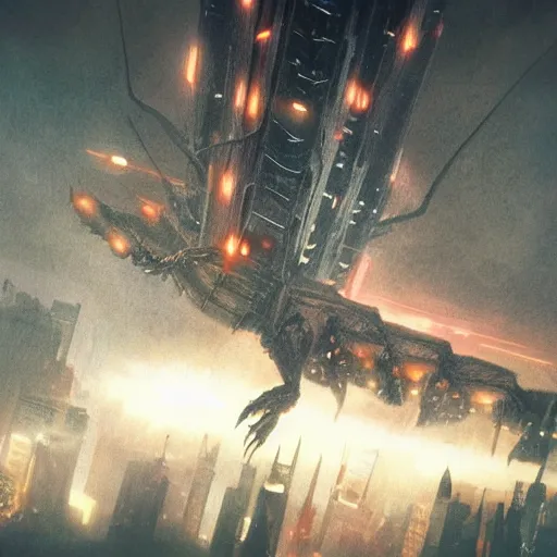 Prompt: a mantis kaiju with spread wings attacking a city, legendary epic shot, blade runner, low camera angle, dust, by artgerm, cloverfield movie, julie bell, beeple and Greg Rutkowski, airbrush, concept art, matte painting, 80s, Smooth gradients, octane render, 8k, High contrast, duo tone, depth of field, volumetric lightning, very coherent artwork