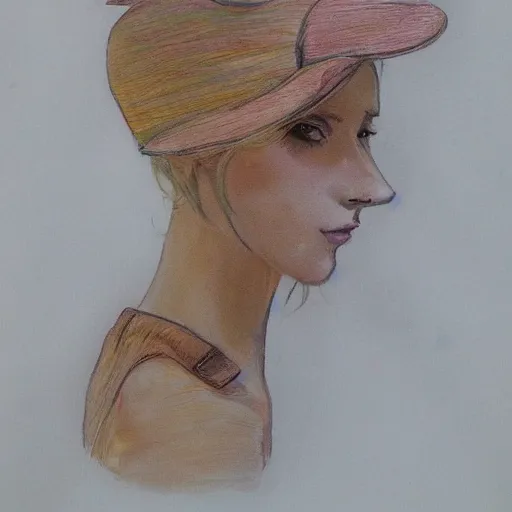 Image similar to drawing portrait of beautiful gorgeous woman with hat by Moebius science fiction