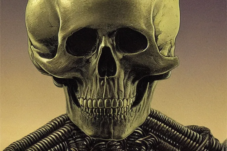 Image similar to intricate, smooth metallic skull atop coil of thick tubes, inside a dark room, style by caspar david friedrich and wayne barlowe and ted nasmith.