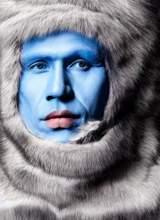 Image similar to a blue-skinned man wearing a fur coat, illustration, head shot, close up