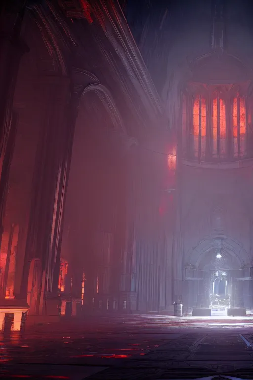 Image similar to symmetrical, centered composition, ancient church with red shafts of light in destiny 2, foggy, liminal, dark, dystopian, beautiful architecture, abandoned, highly detailed 4 k destiny 2 expansion key art wallpaper