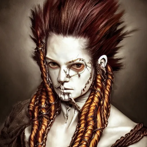 Image similar to portrait of a Shibari rope wrapped face and neck, headshot, insanely nice professional hair style, dramatic hair color, digital painting, of a old 15th century, old cyborg merchant, amber jewels, baroque, ornate clothing, scifi, realistic, hyperdetailed, chiaroscuro, concept art, art by Franz Hals and Jon Foster and Ayami Kojima and Amano and Karol Bak,