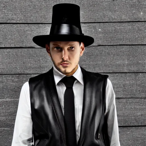 Image similar to a gentleman wearing a black leather hat, cinematic style, front view, cool looking