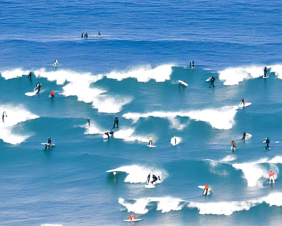 Image similar to worshippers in blue wetsuits belonging to the cult of the surfers, surfing in waves, standing on surfboards, surfing in the face of a tsunami, high detailed colors, bright deep blue